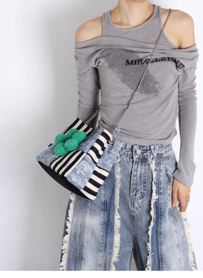 Original Denim Patchwork Handbag Design with Mixed Denim and Striped Fabric - Artistic, Eclectic for Casual Outings, Creative Styling, Statement Accessory, Ideal for Adding a Bold and Unique Touch to Any Outfit for Women