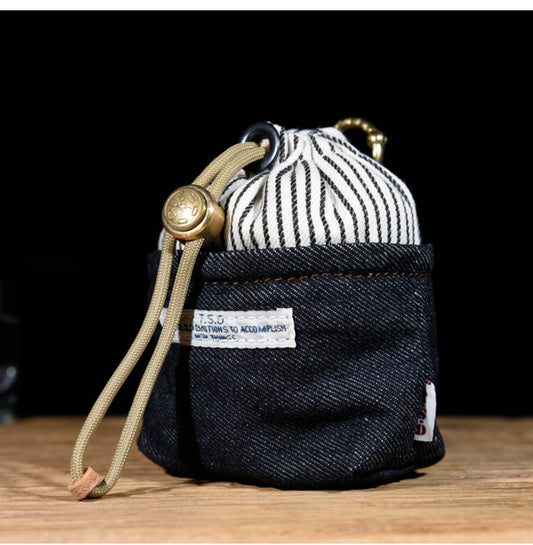 Original Denim Drawstring Pouch Design with Dark Blue Denim and Striped Canvas Top - Rustic, Vintage for Everyday Carry, Travel, Casual Use, Ideal for Keeping Small Essentials Secure in a Stylish Way for Unisex