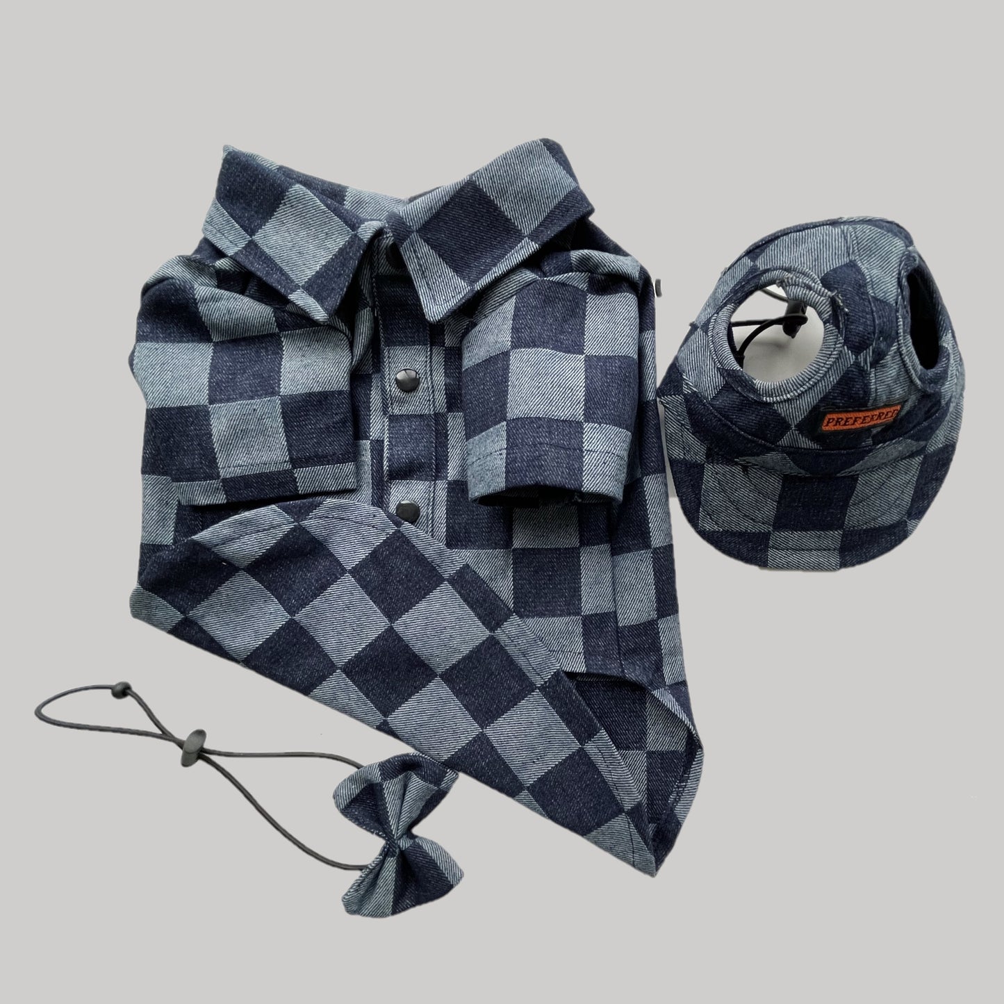 Original Denim Pet Outfit with Checkered Denim Jacket and Matching Cap - Stylish, Cozy, Playful Design, Keeps Them Warm, Durable, and Fashionable for Outdoor Walks and Photoshoots for Pets