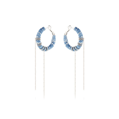 Original Denim Hoop Earrings Design with Blue Denim Wrapped Around Silver Chain and Hanging Silver Chains - Trendy, Edgy for Casual Wear, Fashion Accessories, Parties, Ideal for Adding a Stylish and Versatile Touch to Your Look for Women