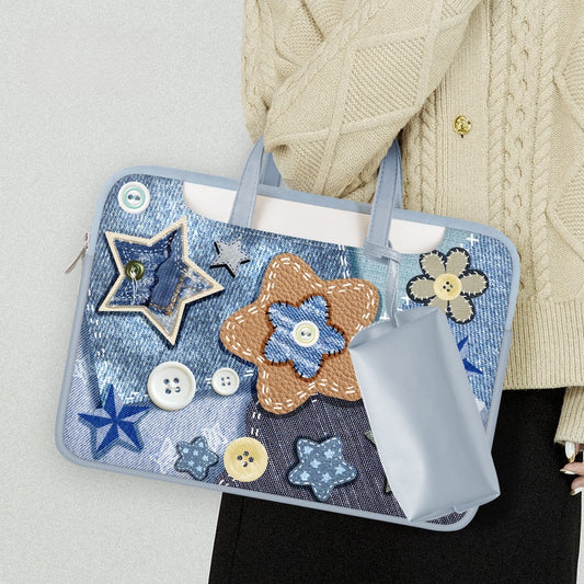 Denim Style PU Trendy Laptop Bag with Patchwork , Floral, and Star Appliqu√© - Creative, Artistic, Vintage Style, Laptop Protection, Organization, Statement Piece for Work, School, and Travel for Unisex