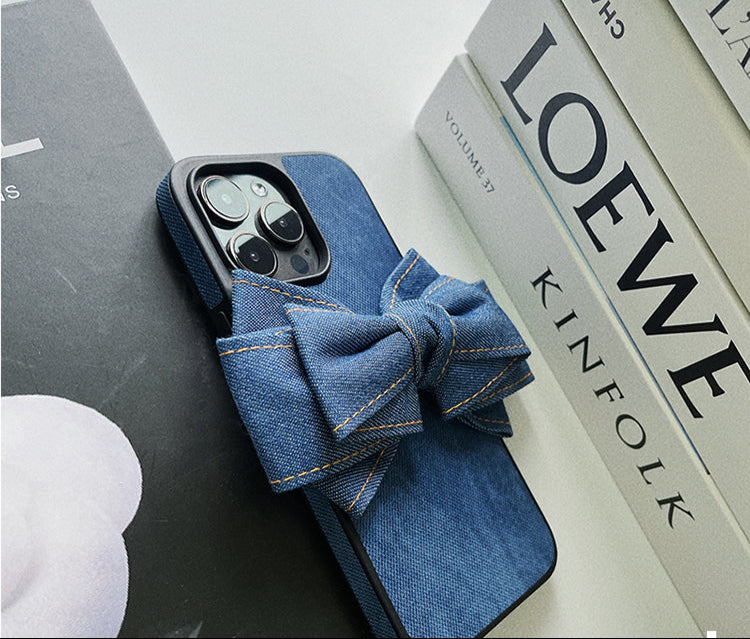 Denim fabric laminated with silicone Original Phone Case Design Large Bow Accent - Cute, Playful for Everyday Use, Casual Styling, Gift, Ideal for Elevating Your Phone‚Äôs Look with Fun and Protective Style for Women