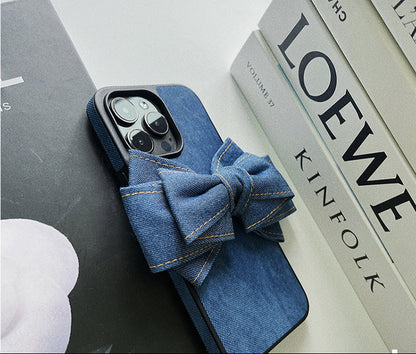 Denim fabric laminated with silicone Original Phone Case Design Large Bow Accent - Cute, Playful for Everyday Use, Casual Styling, Gift, Ideal for Elevating Your Phone‚Äôs Look with Fun and Protective Style for Women