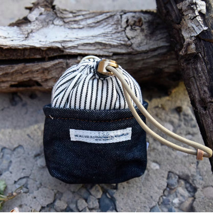 Original Denim Drawstring Pouch Design with Dark Blue Denim and Striped Canvas Top - Rustic, Vintage for Everyday Carry, Travel, Casual Use, Ideal for Keeping Small Essentials Secure in a Stylish Way for Unisex