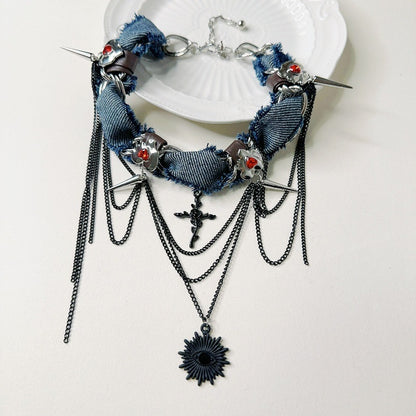 Trendy Denim Chain Necklace with Spikes and Cross Pendant - Bold Design, Ideal for Evening Wear, Concerts, and Street Style for Women