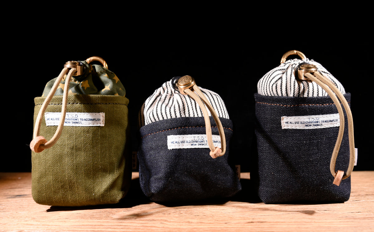 Original Denim Drawstring Pouch Design with Dark Blue Denim and Striped Canvas Top - Rustic, Vintage for Everyday Carry, Travel, Casual Use, Ideal for Keeping Small Essentials Secure in a Stylish Way for Unisex