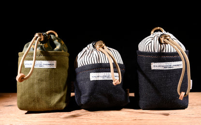 Original Denim Drawstring Pouch Design with Dark Blue Denim and Striped Canvas Top - Rustic, Vintage for Everyday Carry, Travel, Casual Use, Ideal for Keeping Small Essentials Secure in a Stylish Way for Unisex