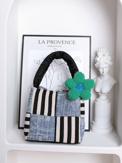 Original Denim Patchwork Handbag Design with Mixed Denim and Striped Fabric - Artistic, Eclectic for Casual Outings, Creative Styling, Statement Accessory, Ideal for Adding a Bold and Unique Touch to Any Outfit for Women
