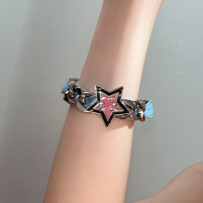Original Denim Star Necklace and Bracelet Set Design with Silver Chain and Pink Star Charms - Trendy, Edgy for Casual Wear, Street Style, Fashion Accessories, Ideal for Adding a Bold and Stylish Touch to Your Outfit for Women