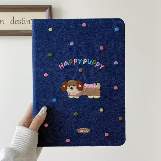 Original Denim Tablet Case Design with Cute Cat Embroidery and Colorful "HAPPY CAT" Text - Playful, Cute for School, Work, Personal Use, Ideal for Adding Fun and Durability to Your Note-Taking Essentials for Unisex