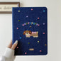Original Denim Tablet Case Design with Cute Cat Embroidery and Colorful "HAPPY CAT" Text - Playful, Cute for School, Work, Personal Use, Ideal for Adding Fun and Durability to Your Note-Taking Essentials for Unisex