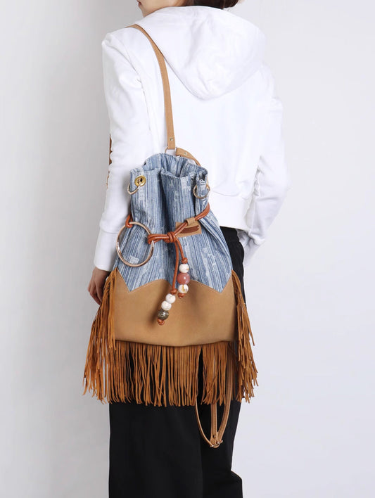 Original Denim Shoulder Bag Fringe Backpack Style with Tan Faux Suede Fringe Details - Bohemian, Vintage, Eclectic for Casual Outings, Festivals, Travel, Ideal for Spacious and Unique Style for Women