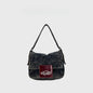 Original Denim and Leather Hand Bag with a Glossy Logo Patch Design in Blue Denim with a Glossy Burgundy Leather Patch and Sleek Flap Design - Stylish, Urban for Casual Outings, Shopping, Everyday Use for Women