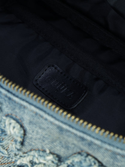Trendy Denim Waist Bag with Light Blue Denim and Frayed Graffiti-Style Detailing - Streetwear, Edgy, Casual, Perfect for Urban Wear, Travel, and Everyday Use for Unisex