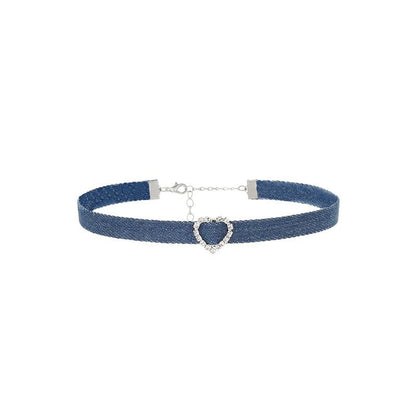 Original Denim Choker Necklace Design with Heart-Shaped Pendant and Pearl Drop Detail - Elegant, Trendy for Casual Wear, Date Night, Parties, Ideal for Adding a Versatile and Stylish Touch to Your Outfit for Women