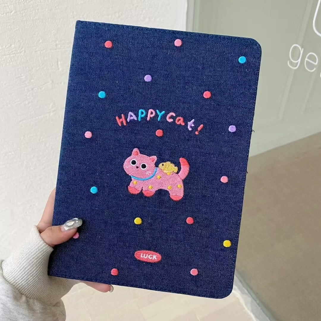 Original Denim Tablet Case Design with Cute Cat Embroidery and Colorful "HAPPY CAT" Text - Playful, Cute for School, Work, Personal Use, Ideal for Adding Fun and Durability to Your Note-Taking Essentials for Unisex