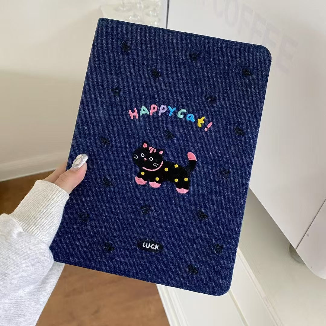 Original Denim Tablet Case Design with Cute Cat Embroidery and Colorful "HAPPY CAT" Text - Playful, Cute for School, Work, Personal Use, Ideal for Adding Fun and Durability to Your Note-Taking Essentials for Unisex