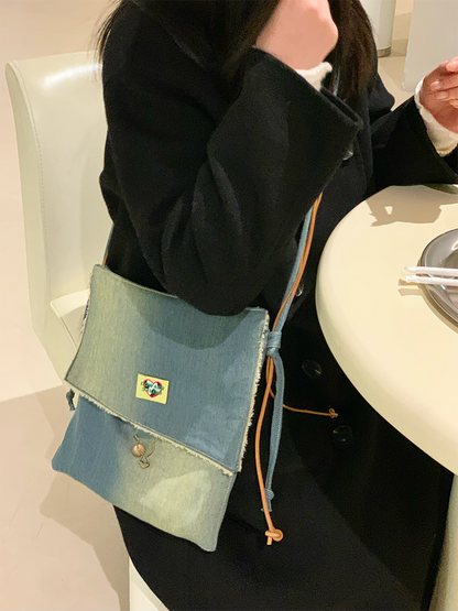 Original Denim Crossbody Bag with Snap Button Closure and Colorful Patch - Casual and Trendy Design, Ideal for Daily Wear and Casual Outings  for Women