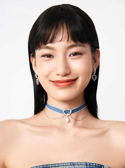 Original Denim Choker Necklace Design with Heart-Shaped Pendant and Pearl Drop Detail - Elegant, Trendy for Casual Wear, Date Night, Parties, Ideal for Adding a Versatile and Stylish Touch to Your Outfit for Women