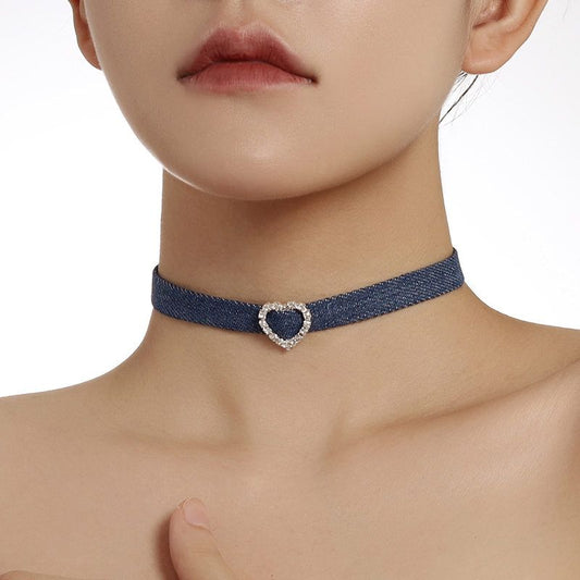 Original Denim Choker Necklace Design with Heart-Shaped Pendant and Pearl Drop Detail - Elegant, Trendy for Casual Wear, Date Night, Parties, Ideal for Adding a Versatile and Stylish Touch to Your Outfit for Women