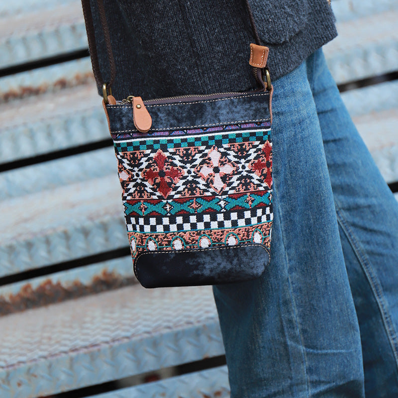 Original Woven Denim Crossbody Bag Design with Multicolored Woven Pattern and Leather Accents - Bohemian, Stylish for Casual Outings, Festivals, Travel, Ideal for Adding Trendy and Practical Style to Your Look for Women
