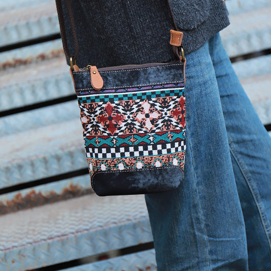 Original Woven Denim Crossbody Bag Design with Multicolored Woven Pattern and Leather Accents - Bohemian, Stylish for Casual Outings, Festivals, Travel, Ideal for Adding Trendy and Practical Style to Your Look for Women