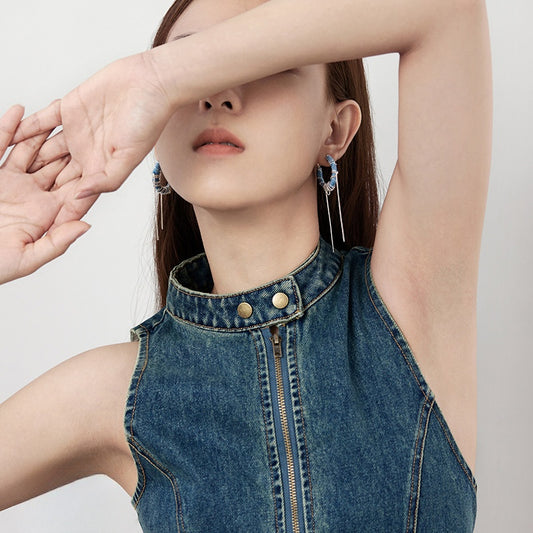Original Denim Hoop Earrings Design with Blue Denim Wrapped Around Silver Chain and Hanging Silver Chains - Trendy, Edgy for Casual Wear, Fashion Accessories, Parties, Ideal for Adding a Stylish and Versatile Touch to Your Look for Women