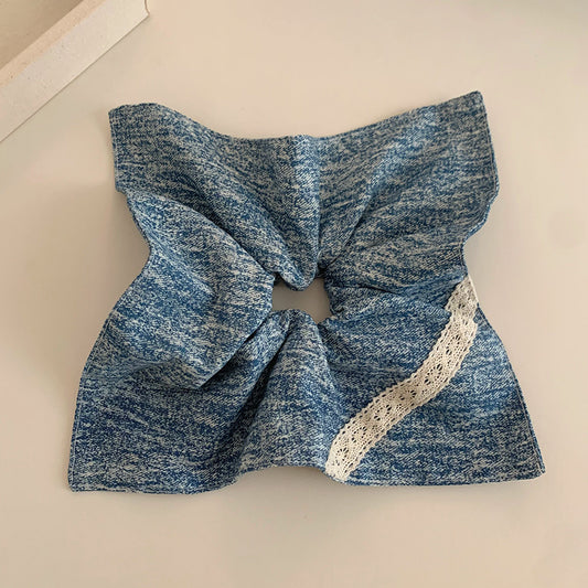 Original Denim Scrunchie Design with Blue Denim and Lace Accent - Casual, Cute for Daily Wear, Casual Outings, Hair Accessories, Ideal for Keeping Your Hair in Place While Adding Style and Comfort for Women