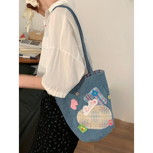 Original Denim Tote Bag with Colorful Patchwork Design - Fun and Casual Style, Ideal for Daily Outings and Light Shopping for Women