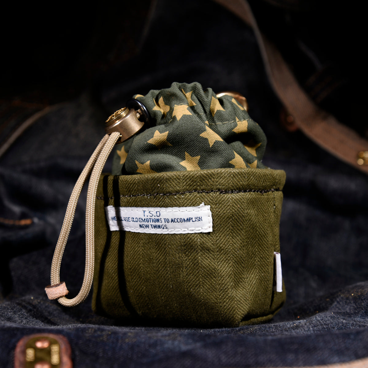Original Denim Drawstring Pouch Design with Dark Blue Denim and Striped Canvas Top - Rustic, Vintage for Everyday Carry, Travel, Casual Use, Ideal for Keeping Small Essentials Secure in a Stylish Way for Unisex