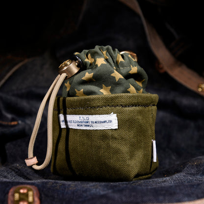 Original Denim Drawstring Pouch Design with Dark Blue Denim and Striped Canvas Top - Rustic, Vintage for Everyday Carry, Travel, Casual Use, Ideal for Keeping Small Essentials Secure in a Stylish Way for Unisex