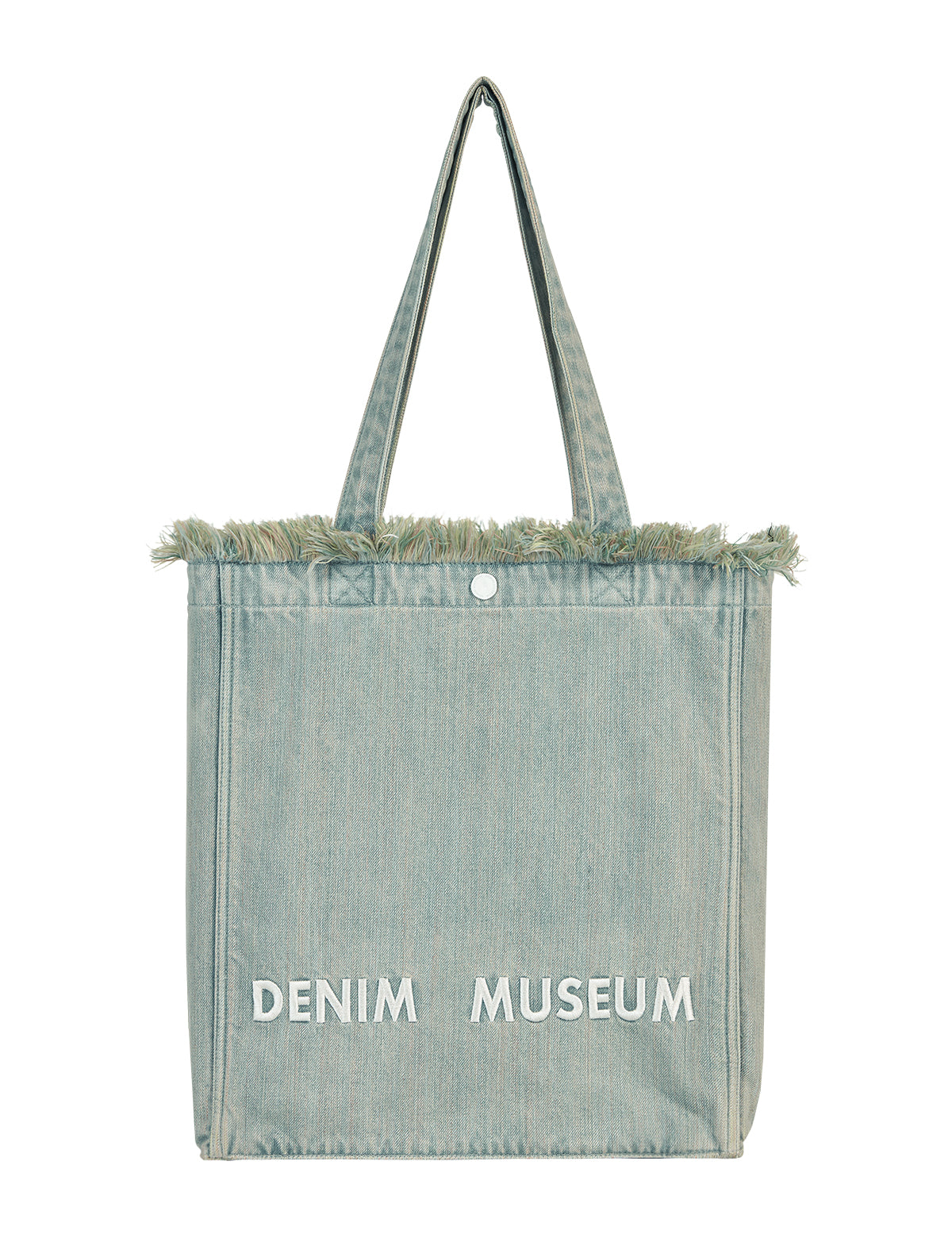 DENIM MUSEUM Forest of Solitude 데님 토트백 – 자연의 신비로움에서 영감을 받은 트리플 블루 셰이드, 몽환적인 프린지 디테일