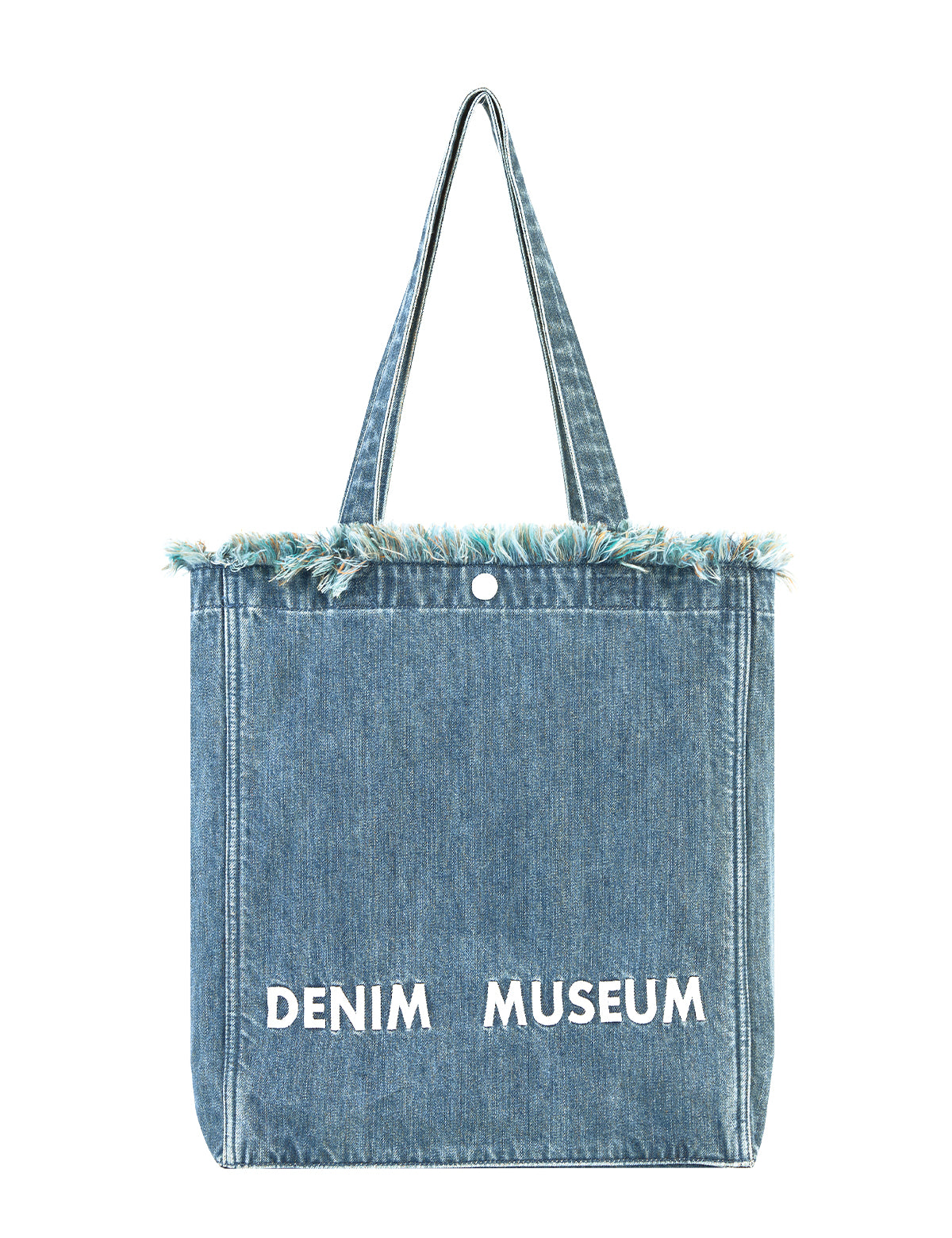 DENIM MUSEUM Forest of Solitude 데님 토트백 – 자연의 신비로움에서 영감을 받은 트리플 블루 셰이드, 몽환적인 프린지 디테일