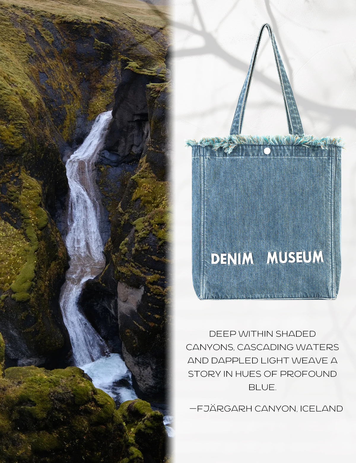 DENIM MUSEUM Forest of Solitude 데님 토트백 – 자연의 신비로움에서 영감을 받은 트리플 블루 셰이드, 몽환적인 프린지 디테일