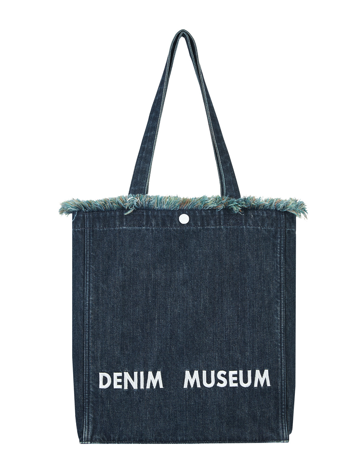 DENIM MUSEUM Forest of Solitude 데님 토트백 – 자연의 신비로움에서 영감을 받은 트리플 블루 셰이드, 몽환적인 프린지 디테일