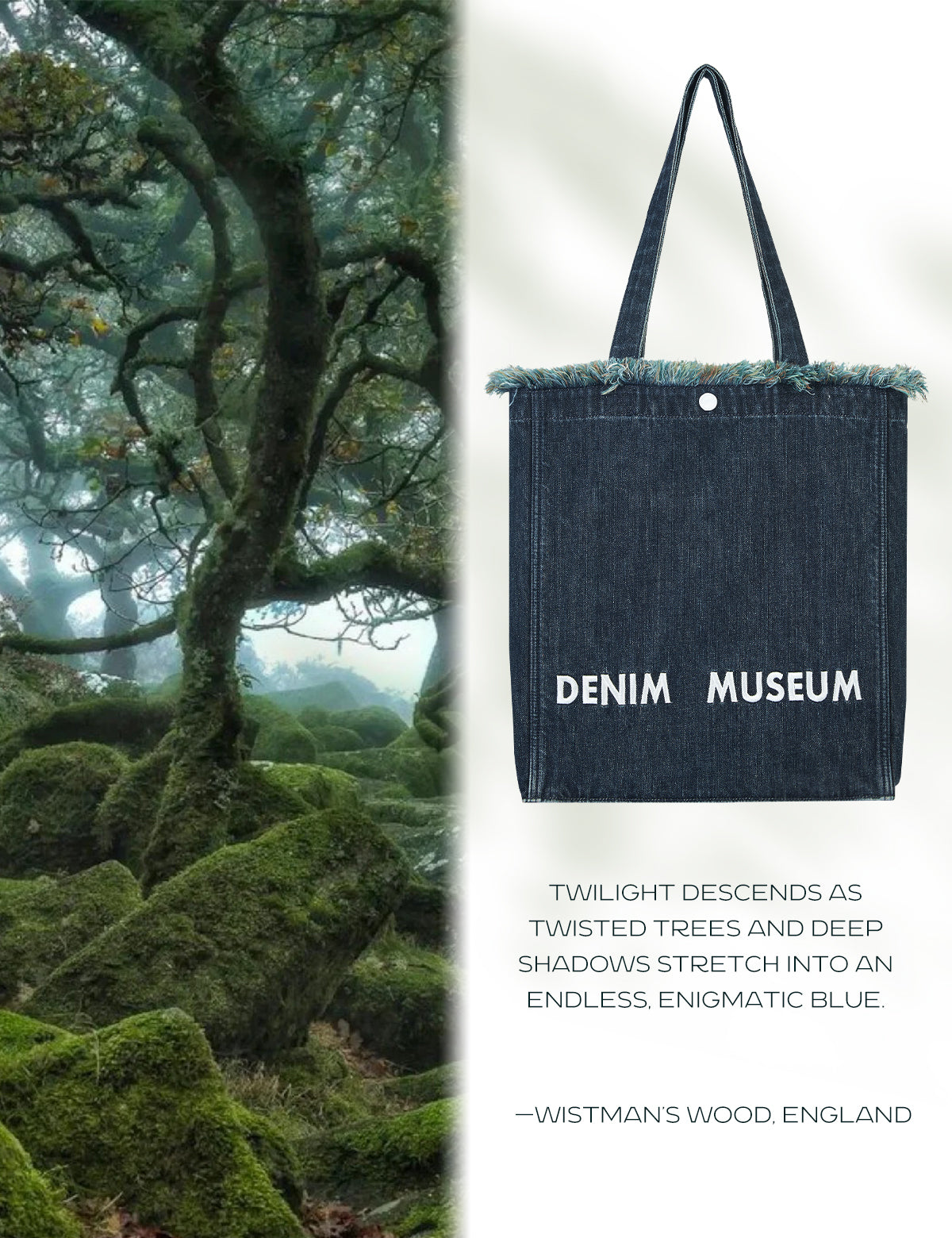 DENIM MUSEUM Forest of Solitude 데님 토트백 – 자연의 신비로움에서 영감을 받은 트리플 블루 셰이드, 몽환적인 프린지 디테일