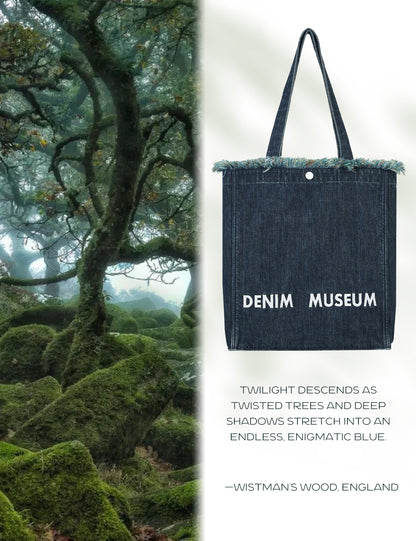 DENIM MUSEUM Forest of Solitude 데님 토트백 – 자연의 신비로움에서 영감을 받은 트리플 블루 셰이드, 몽환적인 프린지 디테일