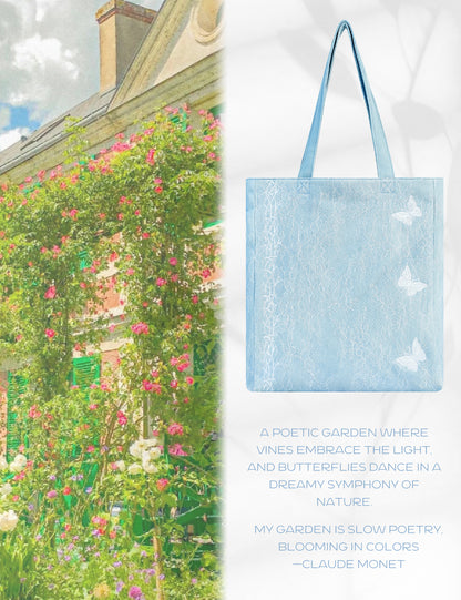 DENIM MUSEUM Vine & Butterfly Denim Tote Bag - Elegante & leichte Tote für den täglichen Weg und modische Outfits