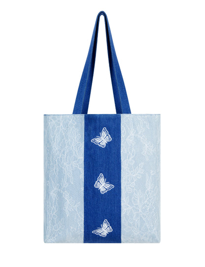 Premium Lace Butterfly Denim Tote Bag for Women, 2025 Summer Romantic Niche Foldable Large Designer Handbag with Pockets