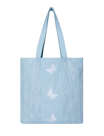 Premium Lace Butterfly Denim Tote Bag for Women, 2025 Summer Romantic Niche Foldable Large Designer Handbag with Pockets