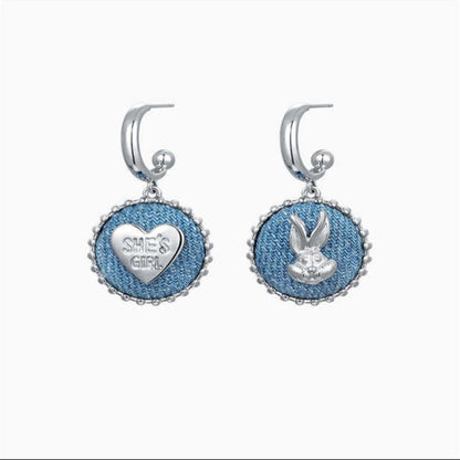 Trendy Denim Bunny and Heart Charm Earrings - Playful and Fun Style, Lightweight, Versatile for Young Women