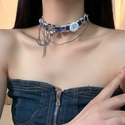 Kalung Choker Pesona Denim – Butiran Bunga &amp; Butang dengan Rantai